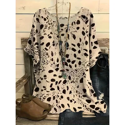 Plus Size 1XL-5XL All Over Print T-Shirt, Casual Crew Neck Short Sleeve T-Shirt Women's Plus Size