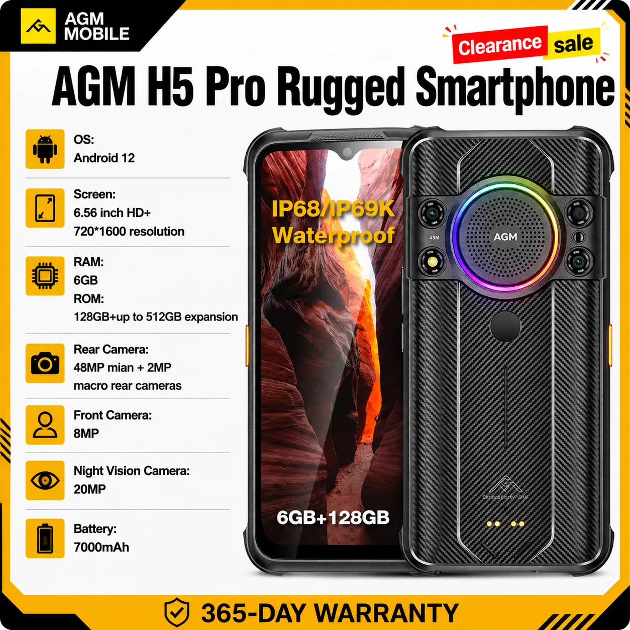 AGM H5 Pro Rugged Helio G85 Smartphone, 6.56