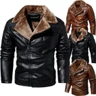 Fashion Warm Winter Mens PU Leather Jacket With Fur Collar Thicken Fleece Motorcycle Coat Casual Faux Leather Locomotive Jacket