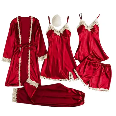 5Pcs Women Pajamas Set Nightgown Nightdress Top Shorts Pants Set Silky Satin Lace Loose Lace-up Waist Thin Women Homewear Suits