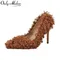 Onlymaker Women Pumps Brown Faux Fur Pointed Toe 10CM Slip-On Thin Heels Party Wedding Office Lady