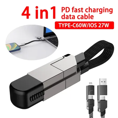 4 in 1 Multi Fast Charging Cable Keychain PD for Apple iPhone Lightning 27W Android TYPE-C 60W QC 18W Fast Charging Data Cable
