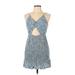 Promesa U.S.A. Casual Dress - Mini Plunge Sleeveless: Blue Floral Motif Dresses - Women's Size Large