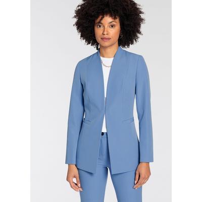 Longblazer TAMARIS, Damen, Gr. 42, blau (hellblau), Web, Obermaterial: 93% Polyester, 7% Elasthan. Futter: 100% Polyester, feminin, figurbetont Po-bedeckend, tiefer V-Ausschnitt, Langarm, Blazer, mit Häckenverschluss vorne - NEUE KOLLEKTION Image