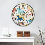 Cartoon Unicorns and Glass Round Wall Clock 9.5 Inch Non-Ticking Silent Battery Operated Clock for Home Kitchen Office School Decor