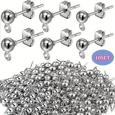 TEMU 10/20 Sets Ball Post Earring Stud With Ear Back Earrings With Loop For Making Findings, 4mm Image