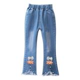 Jalioing Denim Pant for Child Girl Elastic High Waist Flare Jeans Solid Color Mesh Bow Hem Casual Pants (2-3 Years Watermelon Red)