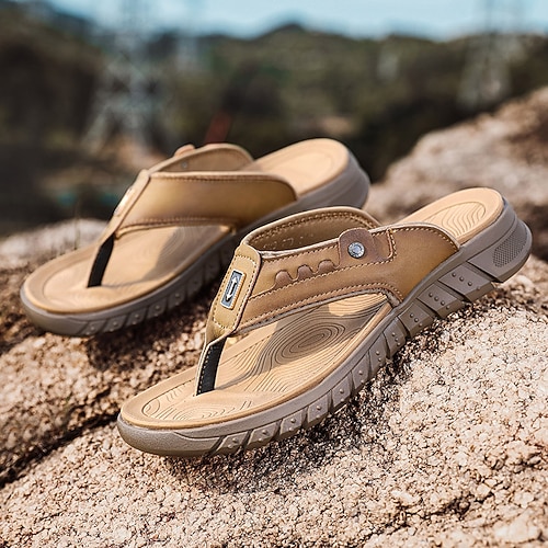 Herren Sandalen Hausschuhe Flip-Flops Retro Wanderschuhe Brautkleider schlicht Täglich Urlaub Strand Leder Komfortabel Dunkelgrau Dunkelbraun Sommer Image