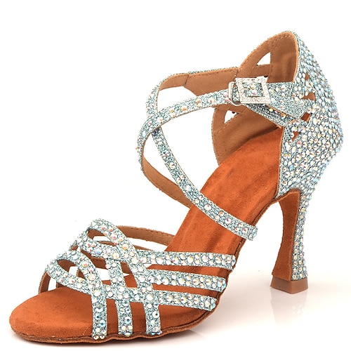 Damen Schuhe für den lateinamerikanischen Tanz Salsa Schuhe Innen Leistung Glitzer Kristall Pailletten Juwelen Absätze Weichere Einlegesohle Stöckelschuh Peep Toe Kreuzgurt Erwachsene Silber