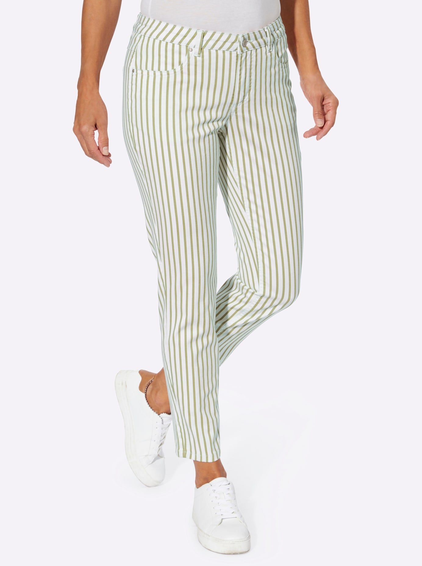 Bequeme Jeans CASUAL LOOKS, Damen, Gr. 21, Kurzgrößen, grün (schilf, ecru, gestreift), 97% Baumwolle, 3% Elasthan, gemustert, mehrfarbig, lang, Jeans