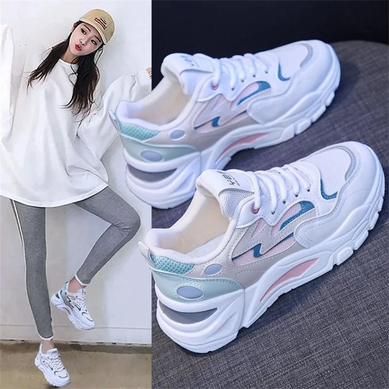 2023 Schuhe weiblich Frühling neue Netz schuhe atmungsaktive Streifen Hit Farbe weiß Sport Walking Flats Schuhe für Frauen