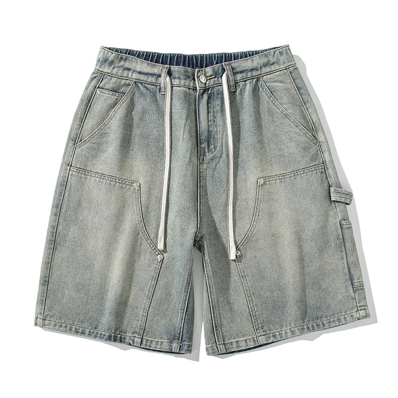 Sommer Neue High Street Cargo-Shorts männer Vintage Jeans Gewaschen Gelb Schlamm Gefärbt Casual Lose Gerade Breite Denim Shorts