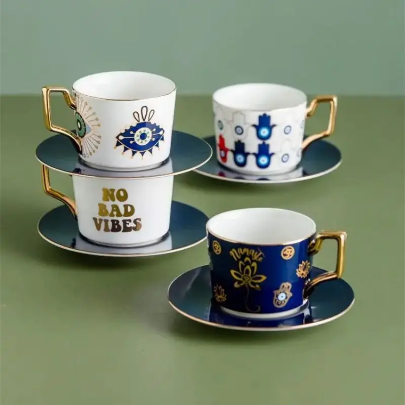 1 Stück Lucky Eye Kaffeetasse mit Untertasse Umkehrung Feng Shui Viel Glück Porzellantasse Kreatives Design Personalisiertes Geschenk Trinkgeschirr Image