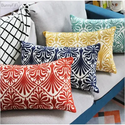 Home Decor bestickter Kissenbezug, Marineblau, gelbe Blume, geometrische Leinwand, Baumwolle, Image