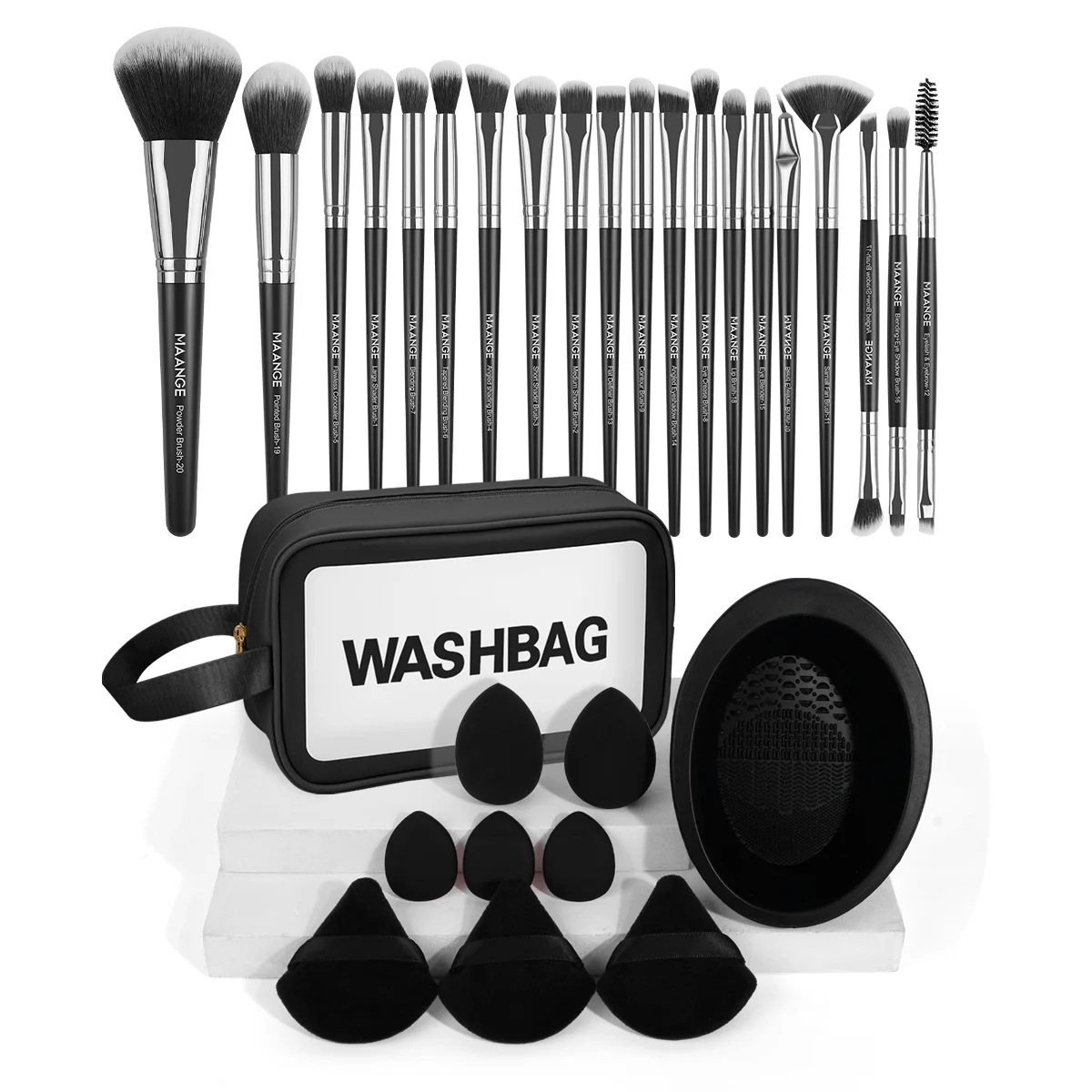 MAANGE 30-teiliges Make-up-Werkzeug-Set, 20-teilig, Foundation-Lidschattenpinsel mit 8-teiligem Puderquaste-Schwamm-Reinigungsmatte, komplettes Set für Reisen Image