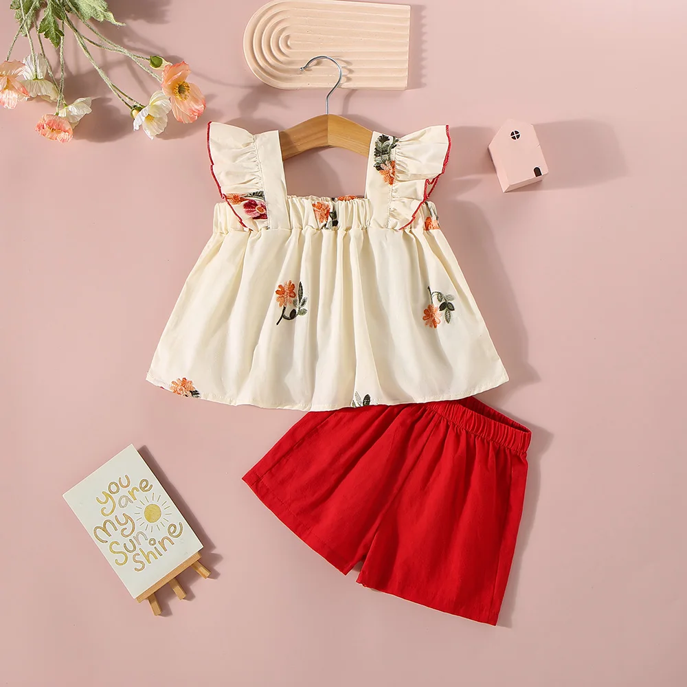 Sommer Neue Zwei-Stück Baby Mädchen Set Gestickte Blume Kleine Fliegende Ärmel Quadrat Kragen + Einfarbig Shorts Casual anzug Image