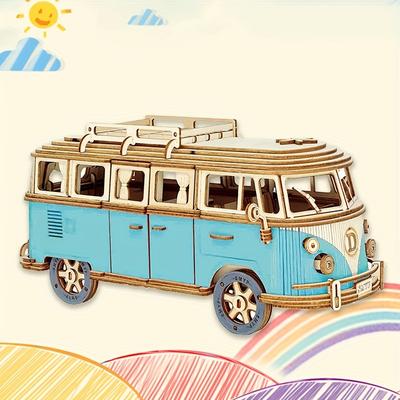 Blue And Red Wooden Puzzle Camping Car, Wooden Car...
