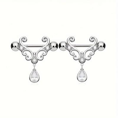 2pcs 316l Stainless Steel Nipple Piercing Barbell With Teardrop Pendant, Paved Zirconia, Body Jewelry For Women