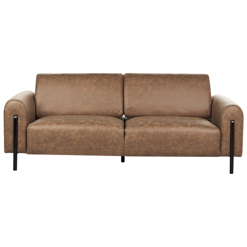 3-Sitzer Sofa Braun Lederoptik Verstellbare Rückenlehne Schwarze Metallfüße Breite Armlehnen Luftleder Leathaire Modern Wohnzimmer Polstersofa