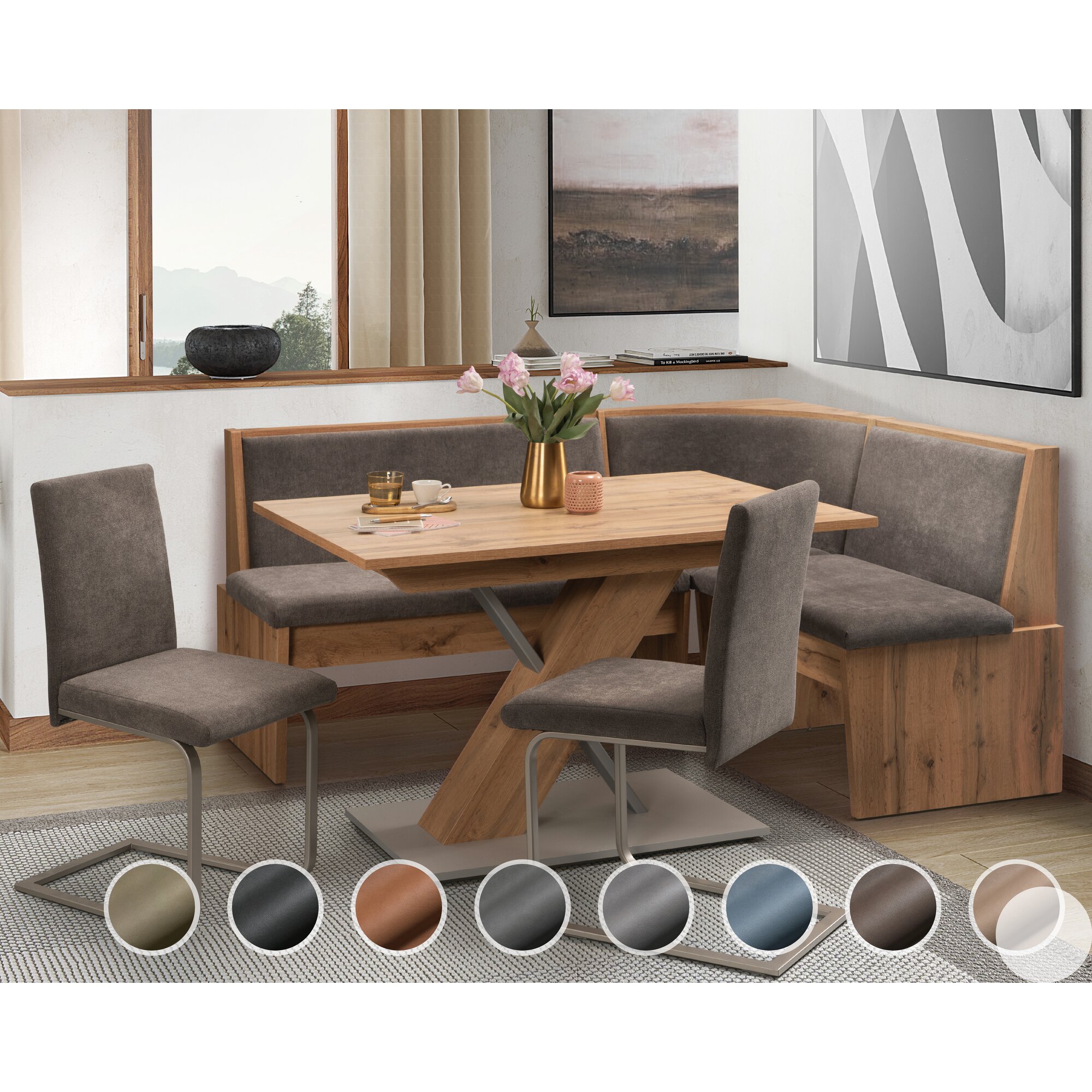 Schösswender »Inka« Eckbankgruppe I 127x167 cm / Gavin 201 olive / offen / Spitzecke / Appalachian Oak Dekor