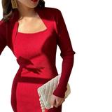 Vintage Women Bodycon Dress Long Sleeve Comfortable Breathable Square Neck Ladies Bodycon Dress Wine Red L