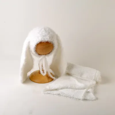 Vintage Knit Stretch Fuzzy Wrap And Bunny Hat Set Newborn Photography Prop Crochet Mohair Wrap