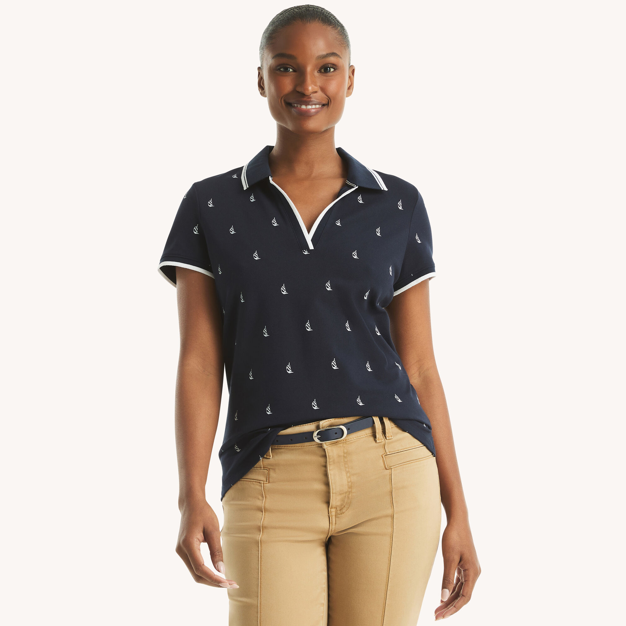Nautica Women's Printed Split-Neck Polo 482 (Stellar Blue Heather), L
