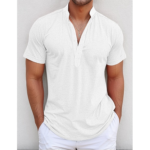Herren Hemd Leinenhemd Popover-Hemd Sommerhemd Strandbekleidung Stehkragenhemd Einfach Urlaub Lässig Schwarz Weiß Rosa Grün Kurzarm Henley Sommer Bekleidung Image