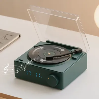 Retro drahtloser Lautsprecher Bluetooth 5.0 Stereo-Musik-Player Desktop-Wecker Vintage Schallplatten Image