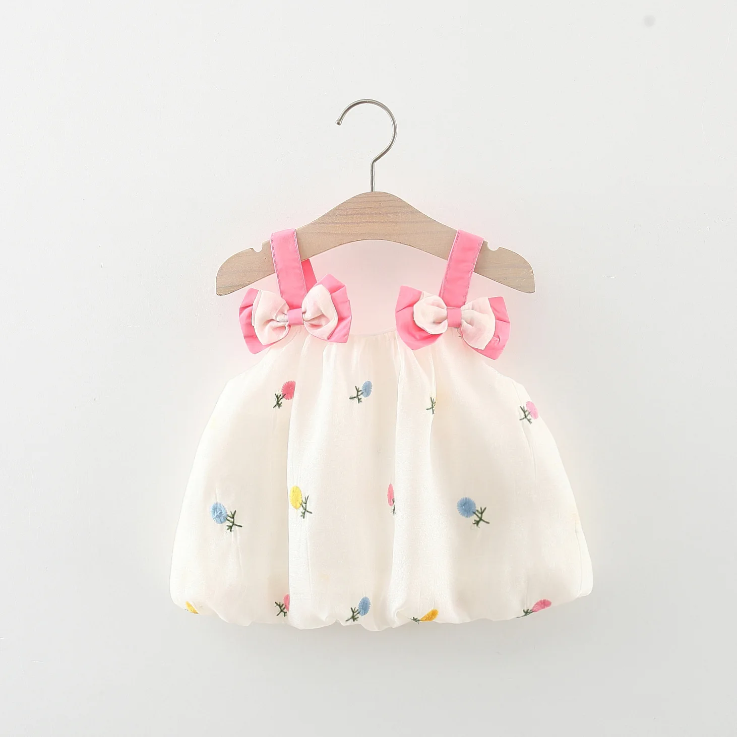 Sommer Mädchen Kleid Baby Mädchen Doppel bogen Hosenträger Blume bestickt Mesh flauschiges Kleid Kinder kleid Image