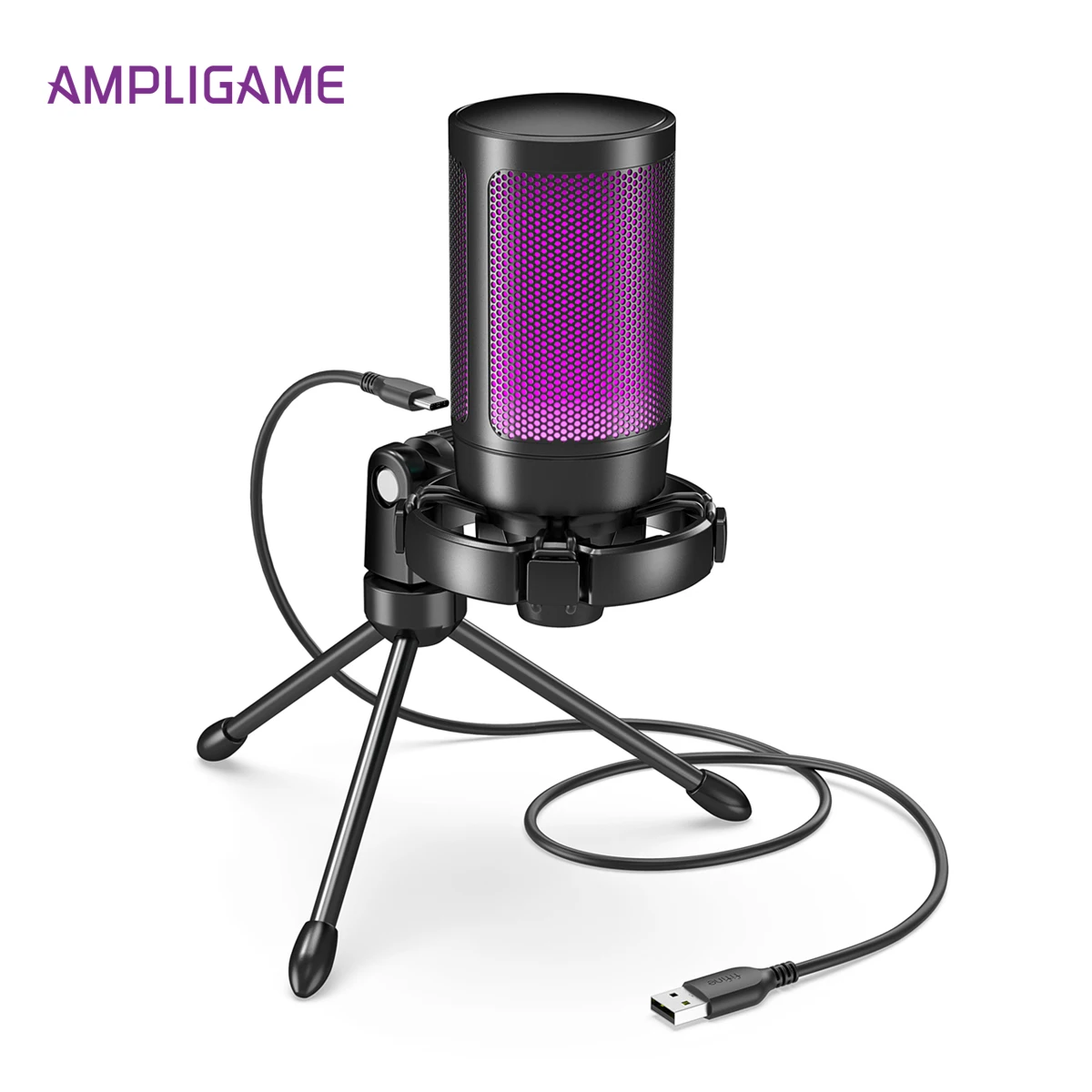AmpliGame by FIFINE RGB-USB-Gaming-Mikrofon mit Licht-Touch-Stummschaltung, Kondensatormikrofon mit Stativ für PC, PS4/5, Laptop-Streaming-A2 Image