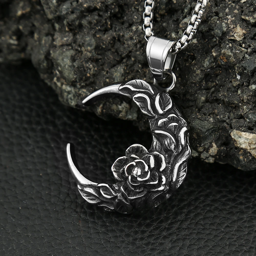 Punk Vintage 316L Edelstahl Mond Und Nacht Anhänger Mit Rose Für Männer Frauen Biker Mode Kreative Schmuck Geschenke Großhandel Image