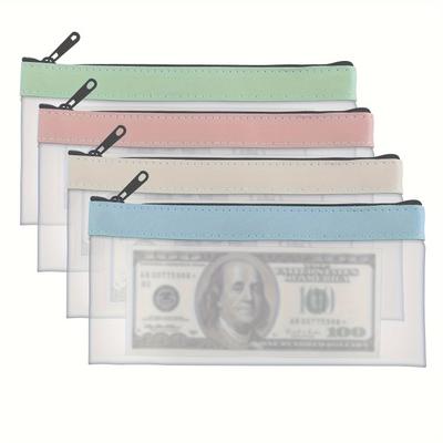 4pcs Money Bags With Grey Zipper, Cash Envelopes Bags, Money Bags, Bank Deposit Bags For Men Women, 4 Colors Multifunctional Check Wallet, Mint Green, Cherry Pink, Foggy Blue, Beige