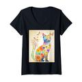 Damen Katzenliebhaber, Schmetterlinge und Blumen, bunt, Pastellfarben T-Shirt mit V-Ausschnitt