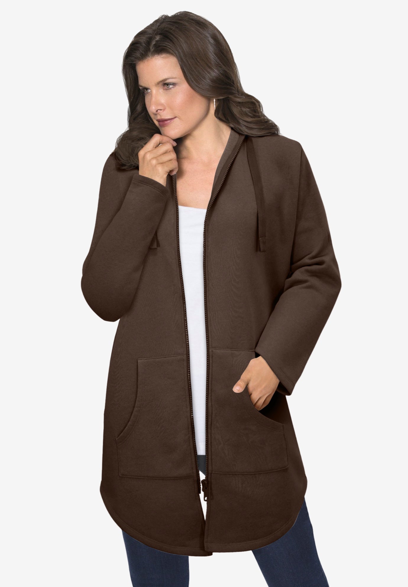 Plus Size Women's Fleece Zip Hoodie Sweatshirt by Roaman's in Chocolate (Size L) Jacket