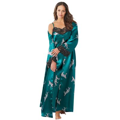 Plus Size Women's The Luxe Satin Long Peignoir Set by Amoureuse in Deep Emerald Leopard (Size 5X) Pajamas