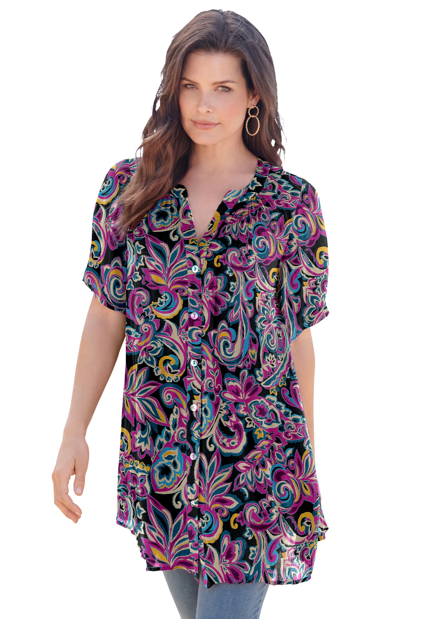 Plus Size Women's Plus Size Angelina Tunic Top - Short Sleeve, Flowy Fit, Everyday Comfort by Roaman's in Black Paisley (Size 16 W) Long Button Front