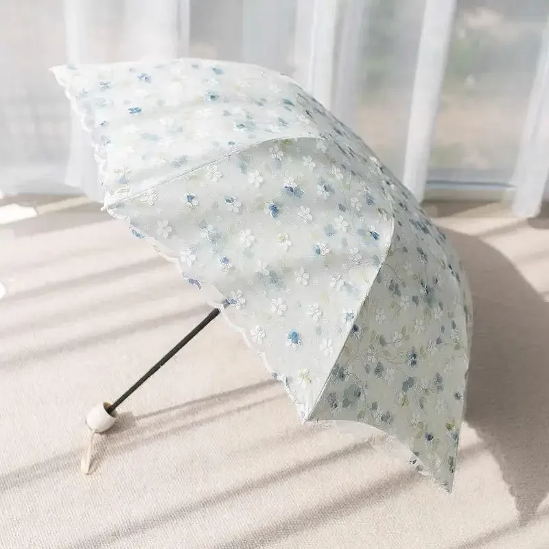 Mode Doppel-schicht Spitze Floral Stickerei Klapp Regenschirm Sommer Outdoor Mini Sonnencreme UV Schutz Faltbare Sunny Regenschirm Image