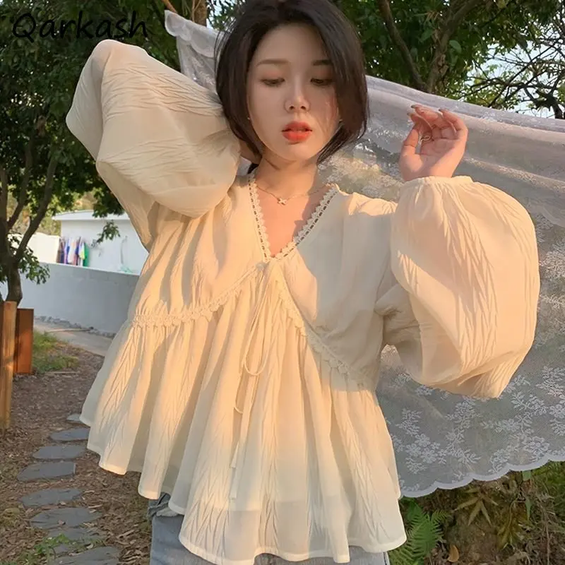 Blouses for Women Aesthetic V-neck Elegant Ladies Spring Clothing All-match College Solid Casual Tops Mujer Vintage Long Sleeve