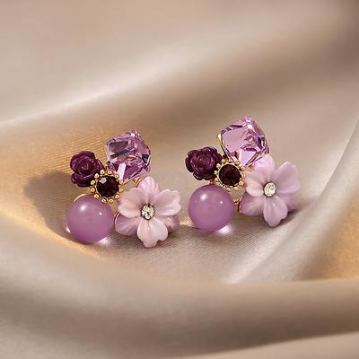 2023 New Retro Purple Crystal Flower Earrings - En...