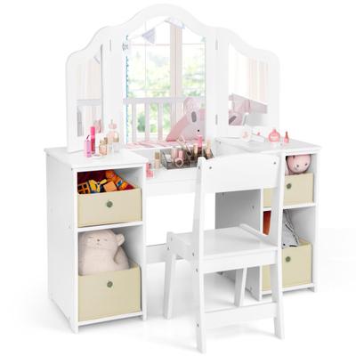 Costway Kids Vanity Table and Chair Set with Removable Mirrors and 4 Storage Bins-White