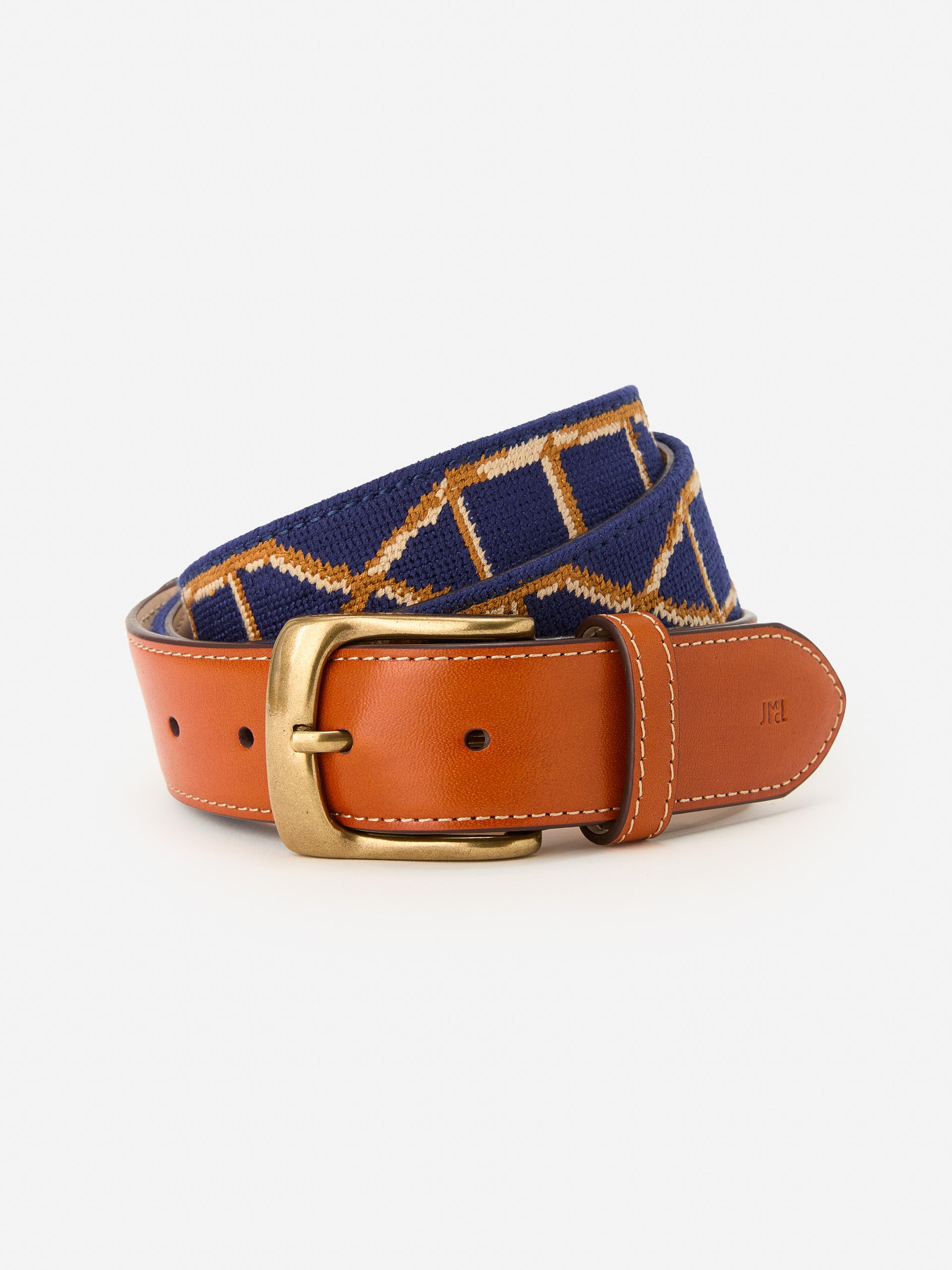 J.McLaughlin Men's Needlepoint Belt in Bamboo Navy, Size 40 | Cotton/Leather
