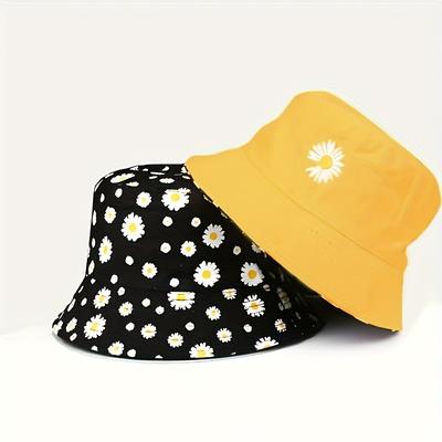TEMU Daisy Graphic Reversible Bucket Hat Black Trendy Breathable Basin Hats Lightweight Sunscreen Fisherman Cap For Women Daily Use Image