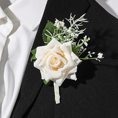 TEMU 1pc White Rose Design Bohemian Style Boutonniere, Elegant Floral Lapel Pin For Weddings And Parties