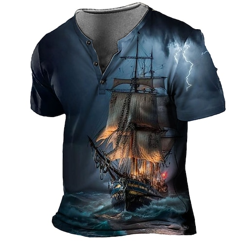Homme Graphique Éclair Bateau T-shirt Chemise Henley Manche Courte Impression 3D Designer Rétro Vintage Occasionnel Rue Été Printemps Bleu Gris Henley T-shirt Henley