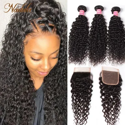 Nadula Hair Bundles and Closure Indian Curly Human Hair Weaves 3 Bundles With 4*4 Lace Closure