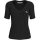 T-Shirt CALVIN KLEIN JEANS "WOVEN LABEL RIB V-NECK TEE" Gr. XS (34), schwarz (ck black) Damen Shirts V-Shirts mit Logomarkenpatch