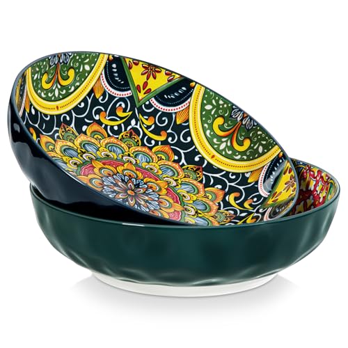 Vancasso SIMI 78 oz Salad Bowl Set of 2, Large Porcelain Serving Bowls, Microwave & Dishwasher Safe Mixing Bowl for Pasta, Soup, Kitchen and Dinner, Deep Blue and Green