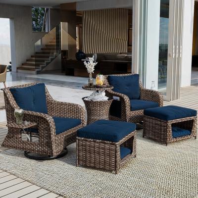 5-Piece Patio Furniture Set with Pet House, Cool Bar and Retractable Side Tray, Rattan Patio Swivel Rocking Chairs with Ottomans