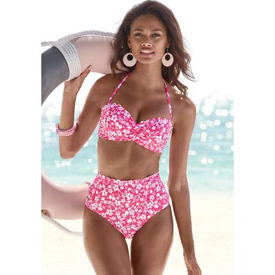 Bügel-Bandeau-Bikini-Top VIVANCE "Leni", Damen, Gr. 36, Cup C, weiß (neonpink, weiß), Microfaser, floral, bedruckt, Bikini-Oberteile, mit gelaserter Wellenkante Image